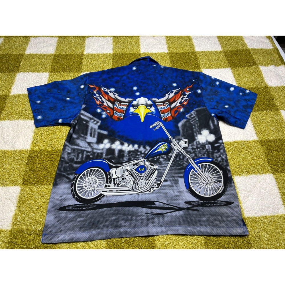Malibu Dreams Mens Blue Eagle Motorcycle Graphic Button Up Shirt Biker XL - Picture 6 of 6